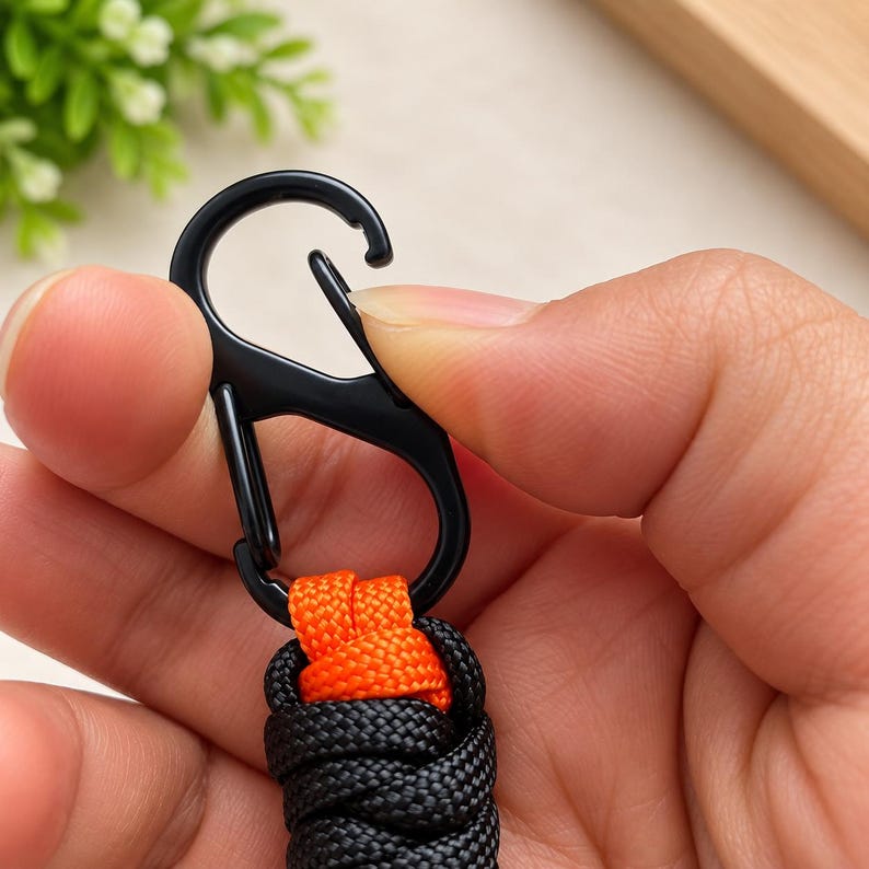 Puede incluir: Un mosquet&oacute;n de metal negro unido a un llavero trenzado. El llavero presenta un tejido grueso y texturizado hecho de cuerda negra con un acento de cuerda de color naranja brillante en la parte superior donde se conecta al anillo met&aacute;lico.