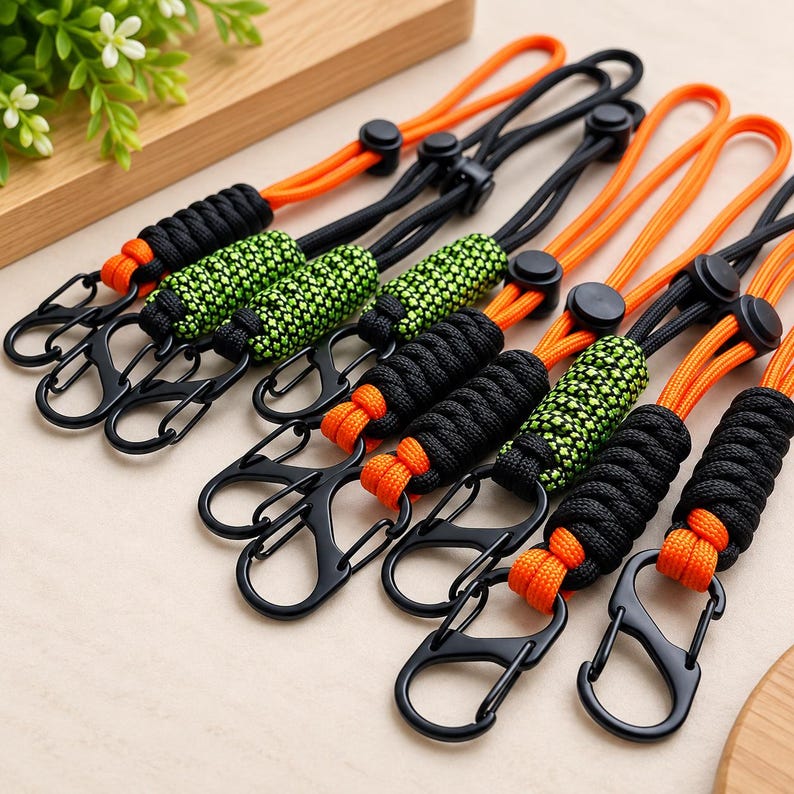 Puede incluir: Un conjunto de cordones con paracord naranja brillante y negro tejido en agarres texturizados. Cada cord&oacute;n incluye un mosquet&oacute;n de metal negro, un cierre de cord&oacute;n de pl&aacute;stico deslizante y una secci&oacute;n de tejido de paracord verde y negro.