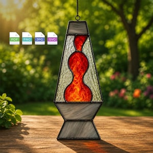 May include: A stained glass lava lamp suncatcher featuring a central red and orange fluid shape encased in textured clear glass panels with a white base. The design is framed in dark metal lines and includes four file icons labeled PDF, PNG, JPG, and SVG.