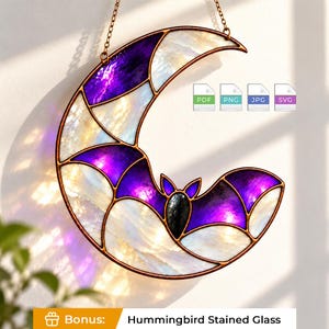 May include: A crescent moon-shaped stained glass suncatcher featuring a central black bat silhouette. The design incorporates iridescent white and deep purple glass segments held together by copper-toned metal framing. A metal chain is attached to the top for hanging. The image includes small icons labeled PDF, PNG, JPG, and SVG.
