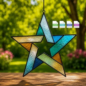 May include: A five-pointed star suncatcher constructed from textured stained glass panels in shades of blue, green, and yellow, held together by dark metal cames. The design includes four small icons labeled PDF, PNG, JPG, and SVG at the top right.