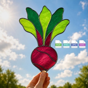 May include: A stained glass suncatcher shaped like a beet with a deep magenta root and vibrant green leaves, outlined in black metal. Four small square icons labeled PDF, PNG, JPG, and SVG are positioned to the right of the glass art.