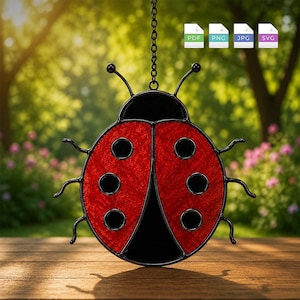 May include: A stained glass ladybug suncatcher featuring a vibrant red textured body with six black circular spots and a black head. The insect is outlined in black metal cames and hangs from a black chain. Icons for PDF, PNG, JPG, and SVG are visible.