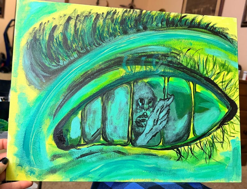May include: A rectangular canvas painting featuring a large, stylized human eye rendered in vibrant shades of neon green and yellow. The iris contains vertical black bars resembling a cage, with a small, grey, humanoid figure visible inside.