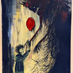 May include: An acrylic painting on canvas depicting a small child in a dark coat reaching toward a large, shadowy, monstrous figure. The figure holds a single, vibrant red balloon. The background features a yellow light contrasted by deep black.