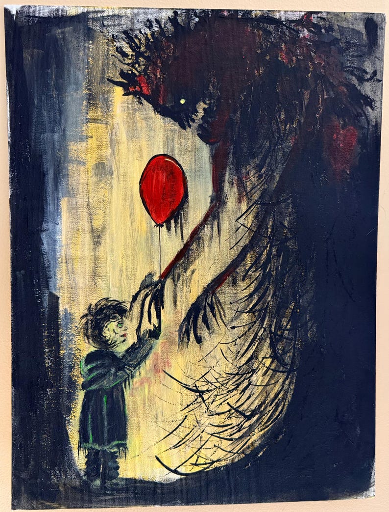 May include: An acrylic painting on canvas depicting a small child in a dark coat reaching toward a large, shadowy, monstrous figure. The figure holds a single, vibrant red balloon. The background features a yellow light contrasted by deep black.