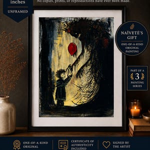 May include: An unframed 30.48 x 40.64 cm original painting featuring a dark, shadowy creature reaching toward a small child who holds a single bright red balloon. The artwork is presented in a black frame with a white mat, showcasing a high-contrast scene.