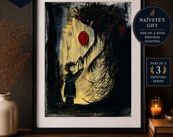 May include: An unframed 12x16 inch original painting featuring a dark, shadowy creature reaching toward a small child who holds a single bright red balloon. The artwork is presented in a black frame with a white mat, showcasing a high-contrast scene.