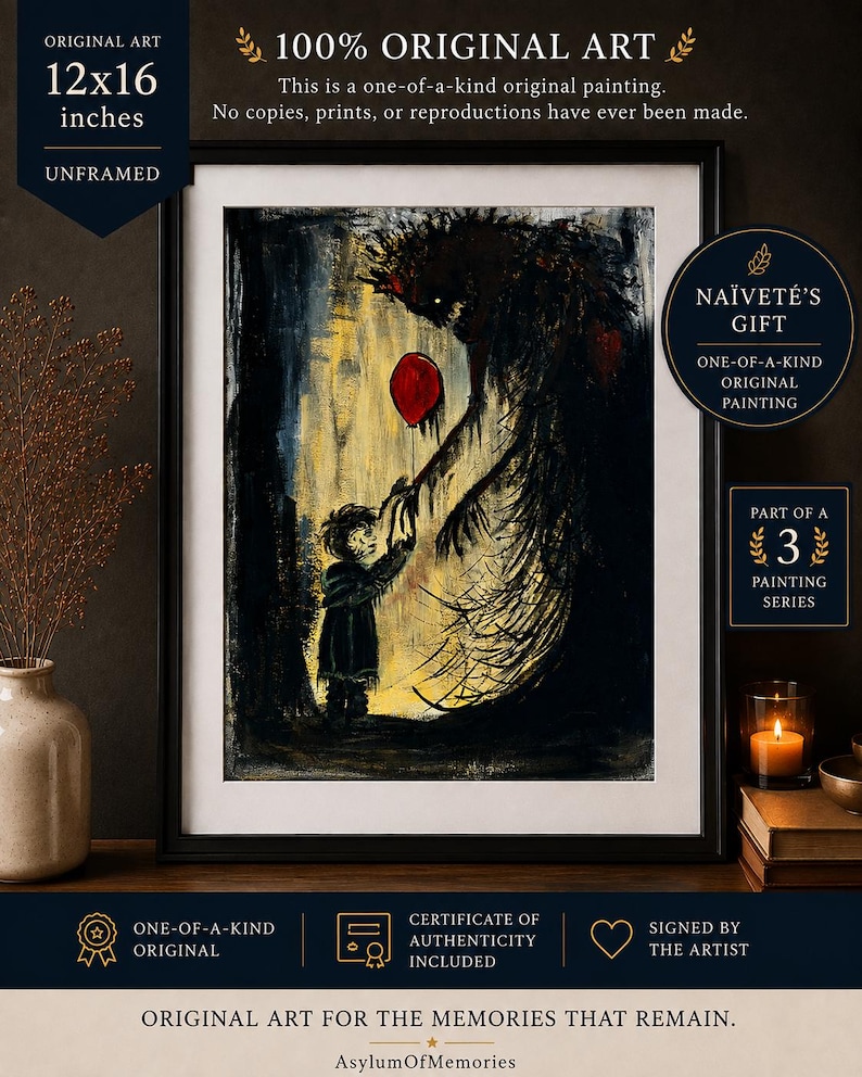 May include: An unframed 12x16 inch original painting featuring a dark, shadowy creature reaching toward a small child who holds a single bright red balloon. The artwork is presented in a black frame with a white mat, showcasing a high-contrast scene.
