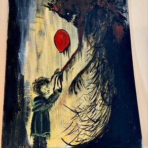 May include: A rectangular painting featuring a dark, shadowy, tall creature with long fingers reaching toward a small child in a dark coat. The child holds a single, vibrant red balloon. The background uses shades of black, yellow, and white paint.