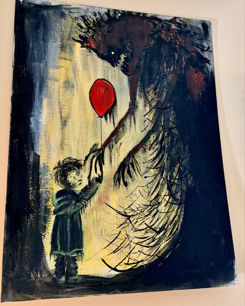 May include: A rectangular painting featuring a dark, shadowy, tall creature with long fingers reaching toward a small child in a dark coat. The child holds a single, vibrant red balloon. The background uses shades of black, yellow, and white paint.
