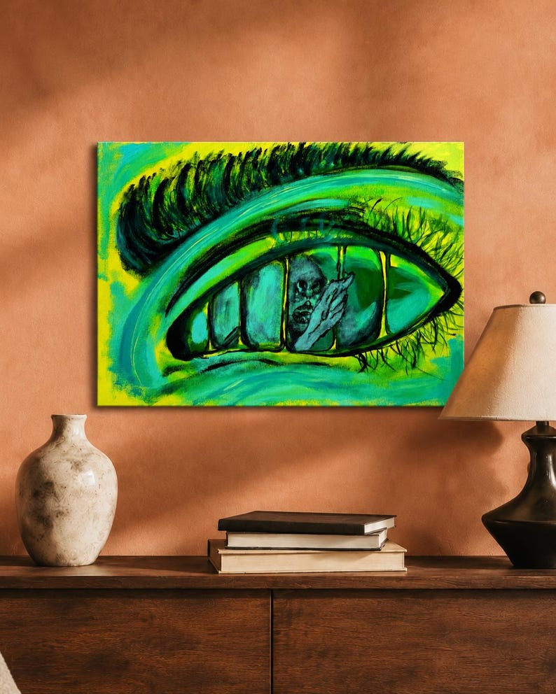 May include: A rectangular canvas painting featuring a large, stylized human eye in vibrant shades of neon green and yellow. The iris contains a dark, detailed illustration of a person behind vertical bars, with thick black eyelashes above.
