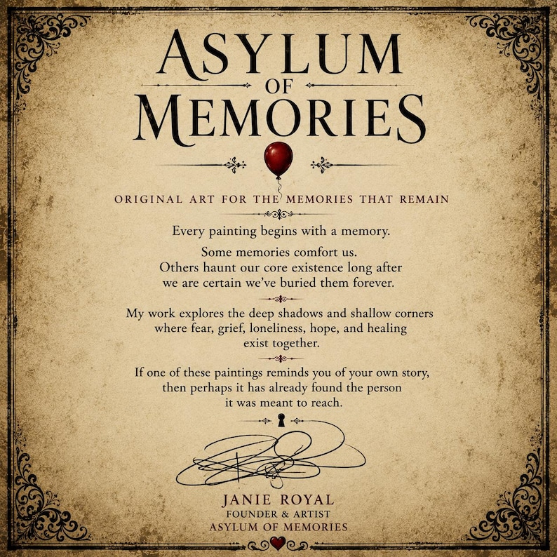 K&ouml;nnte beinhalten: Ein rechteckiger Druck mit beigem Vintage-Hintergrund und dunklen Zierr&auml;ndern. Er enth&auml;lt den Text Asylum of Memories, ein rotes Ballonsymbol und einen Absatz &uuml;ber Kunst und Erinnerung. Die K&uuml;nstlersignatur und Janie Royal stehen unten.