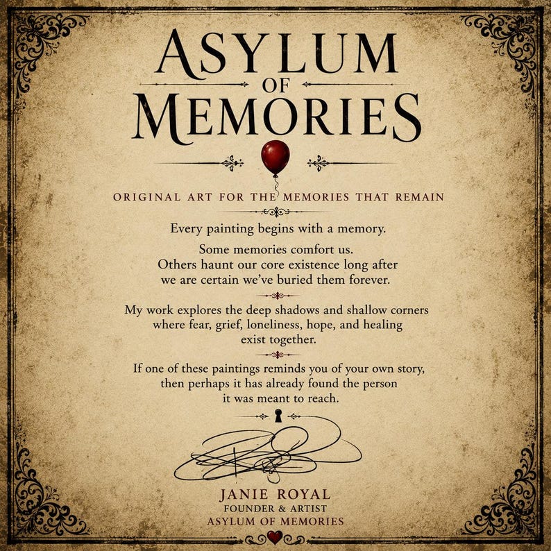 May include: A rectangular print with a vintage beige background and dark decorative borders. It features the text Asylum of Memories, a red balloon icon, and a paragraph about art and memory. The artist signature and Janie Royal are at the bottom.