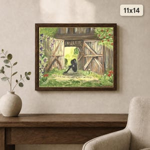 May include: A framed 28x36 cm painting depicting a silhouette of a person sitting in an open wooden barn doorway. The scene includes green grass, red and purple flowers, and the text "I HOPE ONE DAY I AM STRONGER THAN I FEEL" written below.