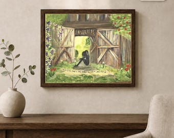 May include: A framed 11x14 inch painting depicting a silhouette of a person sitting in an open wooden barn doorway. The scene includes green grass, red and purple flowers, and the text "I HOPE ONE DAY I AM STRONGER THAN I FEEL" written below.