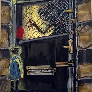 Pu&ograve; includere: Un dipinto acrilico che raffigura un bambino con un cappotto blu che tiene un palloncino rosso, davanti a una porta scura con una finestra a rete metallica. Una figura oscura con una mano artigliata attraversa la rete. Scaffali con sacchi etichettati.
