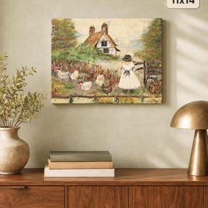 May include: A rectangular canvas wall art print measuring 11x14 inches, featuring an oil painting of a person in a white dress standing in a field with chickens near a cottage. The scene includes green trees, a wooden fence, and a brown-roofed house.