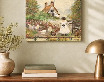 May include: A rectangular canvas wall art print measuring 11x14 inches, featuring an oil painting of a person in a white dress standing in a field with chickens near a cottage. The scene includes green trees, a wooden fence, and a brown-roofed house.