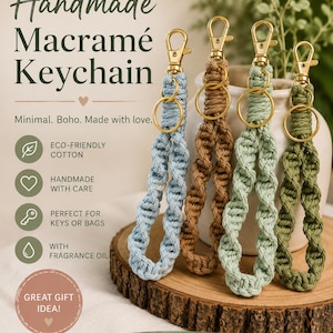 May include: Four macramé keychains in light blue, brown, light green, and dark green, each featuring a gold-tone metal lobster clasp and a circular ring. The text on the image reads: Handmade Macramé Keychain, Minimal. Boho. Made with love.