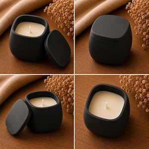 May include: A matte black square candle vessel with rounded corners, containing cream-colored wax and a single white wick. The set includes a matching black lid that can be placed on top or set beside the container to reveal the wax surface.