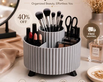 Multi Compartment Makeup Organizer, White Cosmetic Storage Box, Divided Vanity Brush Holder, Skincare Stand
