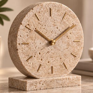 May include: A circular table clock crafted from beige porous stone with a textured surface. It features thin gold-toned metal hour markers and matching gold-toned hands. The clock is mounted on a rectangular base made of the same beige stone.