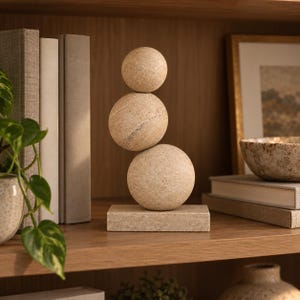May include: A decorative sculpture composed of three stacked beige stone spheres of varying sizes, balanced vertically on a rectangular stone base. The spheres feature natural veining and a textured, matte finish, creating a vertical arrangement.
