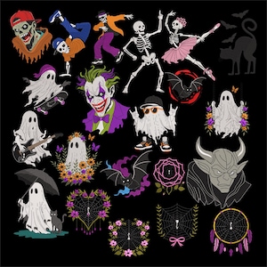 Op de afbeelding: Een verzameling grafische illustraties op een zwarte achtergrond met skeletten, geesten, een clown, vleermuizen, een waterspuwer en spinnenwebben. De ontwerpen bevatten een geest die gitaar speelt, een geest op een skateboard, een ballerina-skelet en bloemmotieven.
