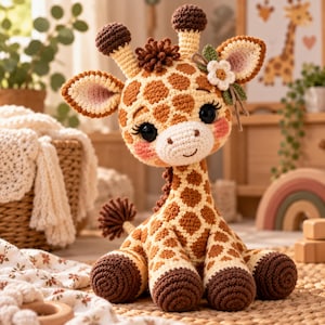 May include: A crocheted giraffe stuffed animal featuring a tan and brown spotted pattern, large black eyes, pink cheeks, and a small white flower accessory on one ear. The toy has dark brown hooves, two small horns, and a tufted tail.