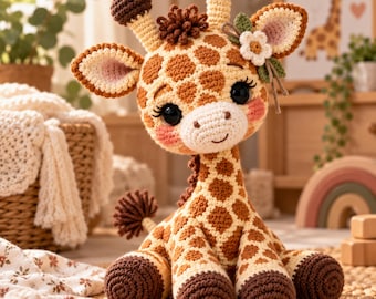 May include: A crocheted giraffe stuffed animal featuring a tan and brown spotted pattern, large black eyes, pink cheeks, and a small white flower accessory on one ear. The toy has dark brown hooves, two small horns, and a tufted tail.