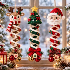 May include: Three hanging crochet Christmas ornaments featuring a reindeer, a green Christmas tree, and Santa Claus. Each figure has a long, spiraling body decorated with white snowflakes, red berries, and small bells at the bottom.