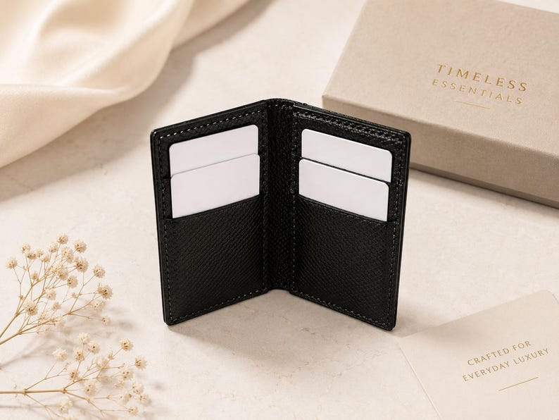 Op de afbeelding: Een zwarte kaarthouder van gestructureerd leer met vier binnenvakken met witte blanco kaarten. De kaarthouder staat naast een beige geschenkdoos met de tekst TIMELESS ESSENTIALS en een kaartje met de tekst CRAFTED FOR EVERYDAY LUXURY.