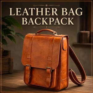 May include: A tan leather backpack with a top handle, a flap closure secured by two vertical straps with brass-toned metal buckles, and adjustable shoulder straps. The text LEATHER BAG BACKPACK is displayed in large, bold, light-colored capital letters.