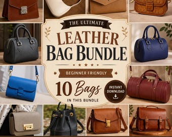 Puede incluir: Una colección digital de 10 patrones de bolsos de cuero titulada The Ultimate Leather Bag Bundle. La imagen muestra varios estilos de bolsos, incluyendo carteras, bolsos tipo cubo y bolsos cruzados en colores como marrón, negro, azul y beige.