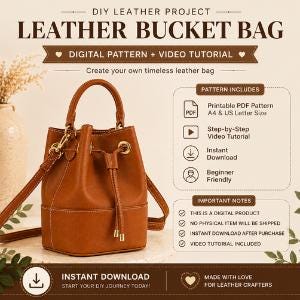Puede incluir: Un bolso tipo cubo de cuero marrón con cierre de cordón, un asa superior y una correa para el hombro. La imagen incluye texto: DIY LEATHER PROJECT LEATHER BUCKET BAG, DIGITAL PATTERN + VIDEO TUTORIAL, PATTERN INCLUDES, Printable PDF Pattern A4 & US Letter Size, Step-by-Step Video Tutorial, Instant Download, Beginner Friendly, IMPORTANT NOTES, THIS IS A DIGITAL PRODUCT, NO PHYSICAL ITEM WILL BE SHIPPED, INSTANT DOWNLOAD AFTER PURCHASE, VIDEO TUTORIAL INCLUDED, INSTANT DOWNLOAD START YOUR DIY JOURNEY TODAY, MADE WITH LOVE FOR LEATHER CRAFTERS.