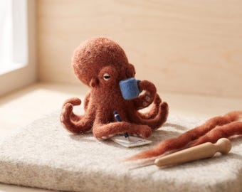 Writing Octopus Drinking Coffee With Pen Needle Felting Kit Fluffy Wool Octopus DIY Craft Kit