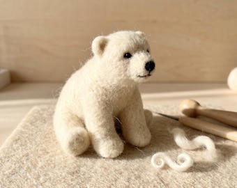 Side Glancing Sitting Polar Bear Needle Felting Kit Fluffy Wool Bear DIY Craft Kit