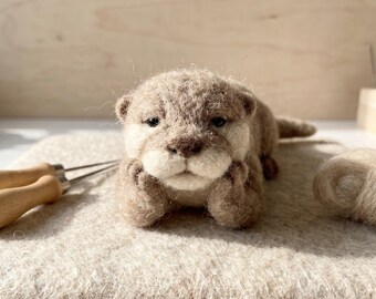Lying Otter Resting on Paws Needle Felting Kit Fluffy Wool River Otter DIY Craft Kit