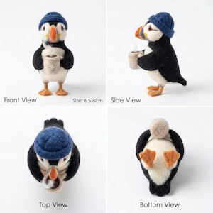 May include: A needle-felted puffin figurine wearing a blue knit hat and holding a small beige mug. The puffin has black and white feathers, an orange beak, and orange feet. The figurine measures between 6.5-8cm in height as shown in the views.