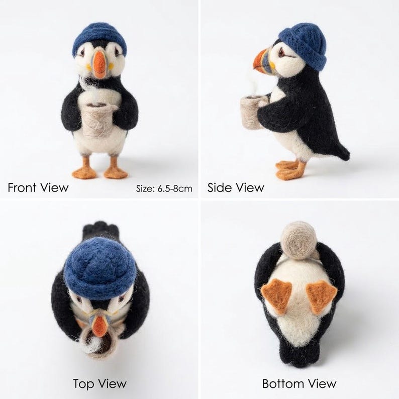 May include: A needle-felted puffin figurine wearing a blue knit hat and holding a small beige mug. The puffin has black and white feathers, an orange beak, and orange feet. The figurine measures between 6.5-8cm in height as shown in the views.
