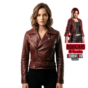 Claire Redfield RE Veronica Inspired Leather Jacket | Women's Burgundy Biker Jacket | Cosplay & Everyday Wear
