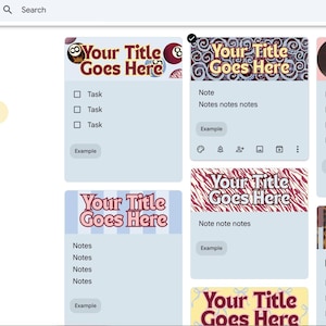 Puede incluir: Una interfaz digital que muestra varias tarjetas de notas con encabezados personalizables. Cada tarjeta presenta el texto Your Title Goes Here, con varios patrones de fondo que incluyen bolas de billar, remolinos, estampados de animales y rayas.