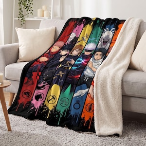 May include: A plush throw blanket featuring a vibrant, multi-colored vertical panel design. Each section displays a different anime character from Jujutsu Kaisen, accompanied by a unique circular icon at the bottom, all set against a black background.