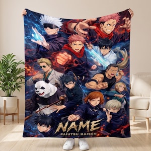 May include: A rectangular fleece blanket featuring a vibrant, multi-character anime illustration from Jujutsu Kaisen. The design includes various characters in dynamic poses against a dark, fiery background with the text NAME JUJUTSU KAISEN.