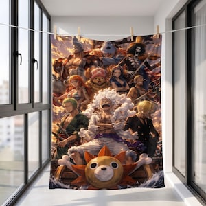 May include: A rectangular fleece blanket featuring a vibrant, multi-colored anime illustration of a group of characters from One Piece. The design includes a central figure with white hair, surrounded by various companions, and a large lion-shaped ship figurehead at the bottom, all set against a sunset sky background.