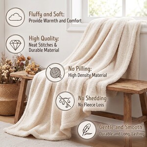 May include: A cream-colored, textured fleece throw blanket draped over a wooden bench. Text overlays include: Fluffy and Soft: Provide Warmth and Comfort, High Quality: Neat Stitches & Durable Material, No Pilling: High Density Material, No Shedding: No Fleece Loss, Gentle and Smooth: Durable and Long-Lasting.