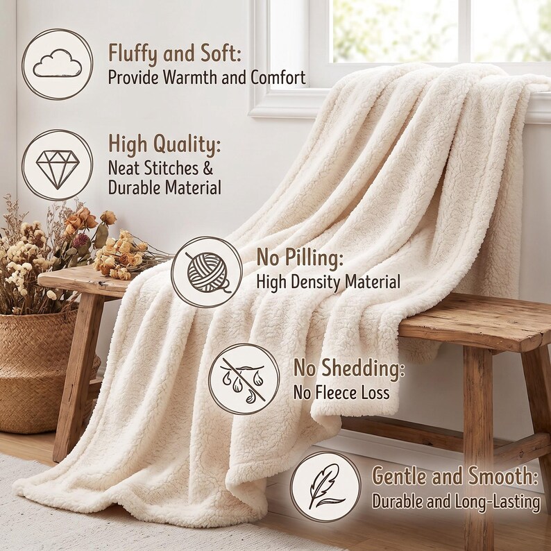 May include: A cream-colored, textured fleece throw blanket draped over a wooden bench. Text overlays include: Fluffy and Soft: Provide Warmth and Comfort, High Quality: Neat Stitches & Durable Material, No Pilling: High Density Material, No Shedding: No Fleece Loss, Gentle and Smooth: Durable and Long-Lasting.
