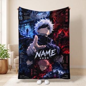 May include: A rectangular fleece blanket featuring a vibrant anime-style graphic print. The design showcases multiple characters with blue and red lighting effects, Japanese kanji text, and the word NAME in bold white letters.