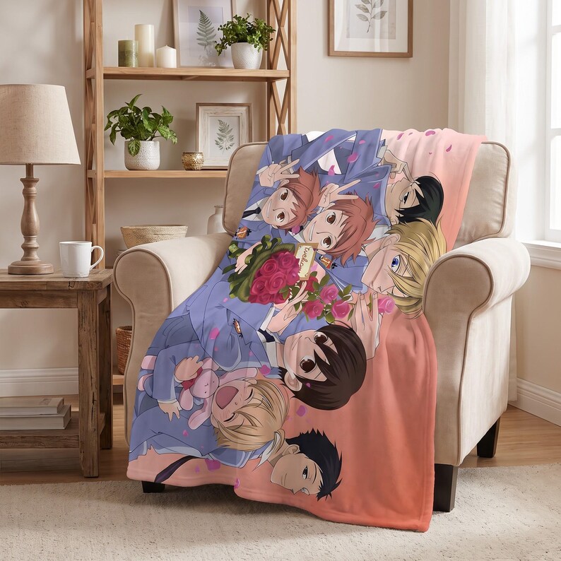 May include: A soft throw blanket featuring a colorful anime-style illustration of seven characters in school uniforms. The design includes a bouquet of red roses, a small pink plush toy, and a gradient background transitioning from purple to peach.